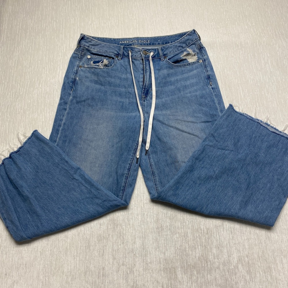 American Eagle Loose Skater Jeans Women 14 Blue High Rise Frayed Hem Distressed